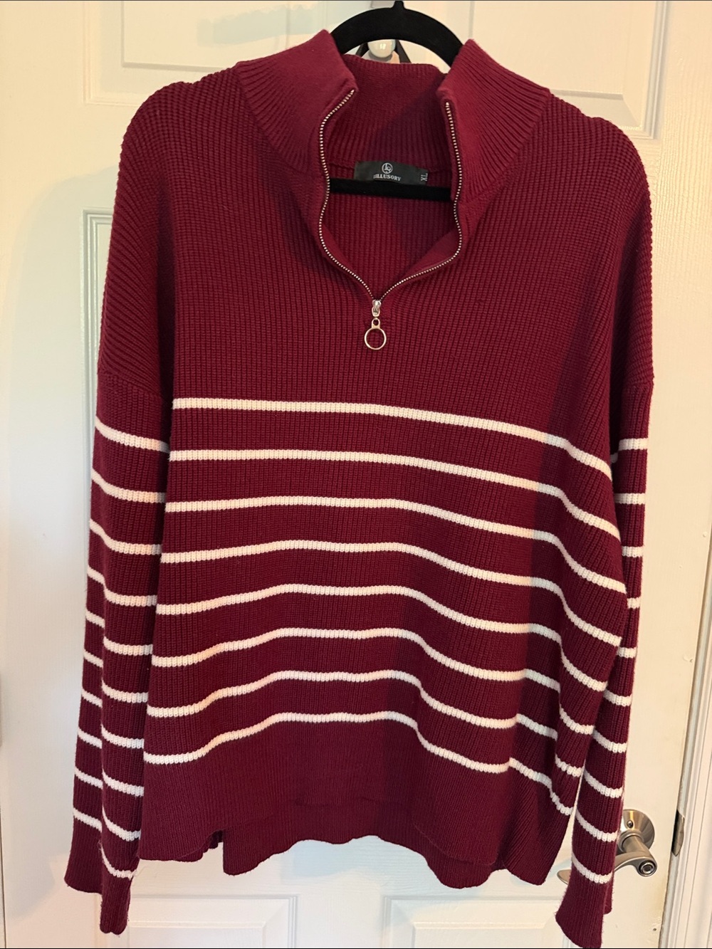 Lands' End Women's Burgundy Striped Half-Zip Sweater